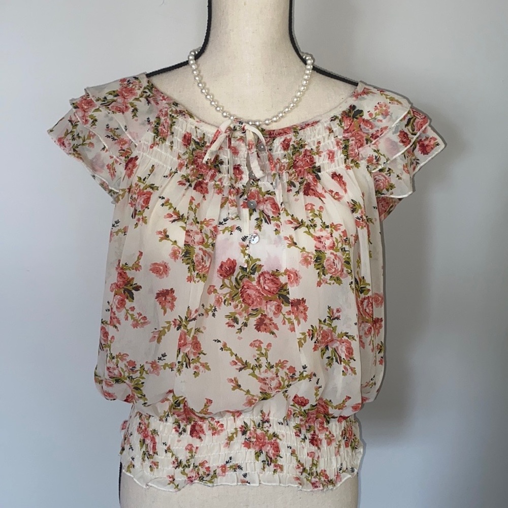 Marisol Semi-Sheer Floral Tie Blouse